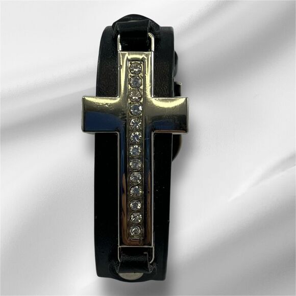 Black Leather Belt Style Bracelet Silvertone Cross Clear Rhinestones Vintage 9” - Picture 2 of 6